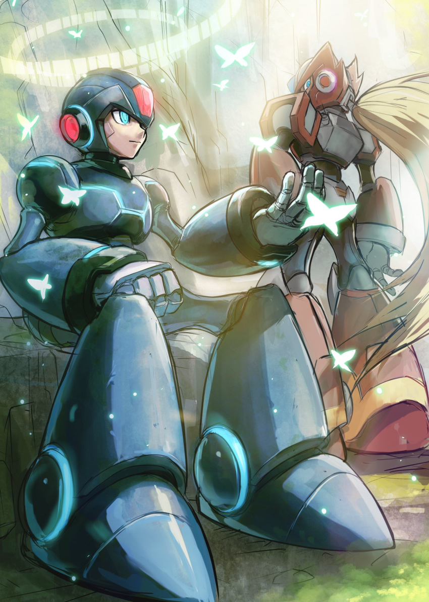 2boys android armor back_turned blonde_hair blue_armor bug butterfly clenched_hand closed_mouth commentary glowing hand_on_own_hip helmet highres hoshi_mikan light_particles looking_at_viewer looking_back male_focus mega_man_(series) mega_man_x_(series) multiple_boys outdoors ponytail red_armor robot shadow sitting sparkle standing teppen tree x_(mega_man) zero_(mega_man)