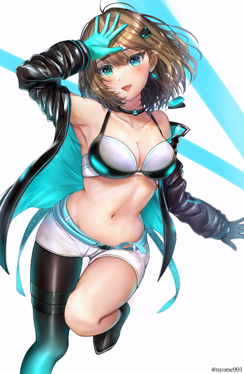 :d absurdres arm_up armpits asymmetrical_legwear bare_shoulders bikini bikini_top_only bikini_under_clothes black_choker black_jacket black_legwear blue_eyes boots breasts brown_hair choker cleavage collarbone commentary_request dance_on_the_galaxy_(idolmaster) dog_tags earrings female gloves highres idolmaster idolmaster_cinderella_girls jacket jewelry looking_at_viewer mismatched_legwear mole mole_under_eye navel no_shirt nyome991 open_clothes open_jacket open_mouth pantyhose short_hair short_shorts shorts single_leg_pantyhose single_thigh_boot smile solo standing standing_on_one_leg stomach swimsuit takagaki_kaede thigh_boots thighhighs two-tone_gloves white_bikini white_shorts