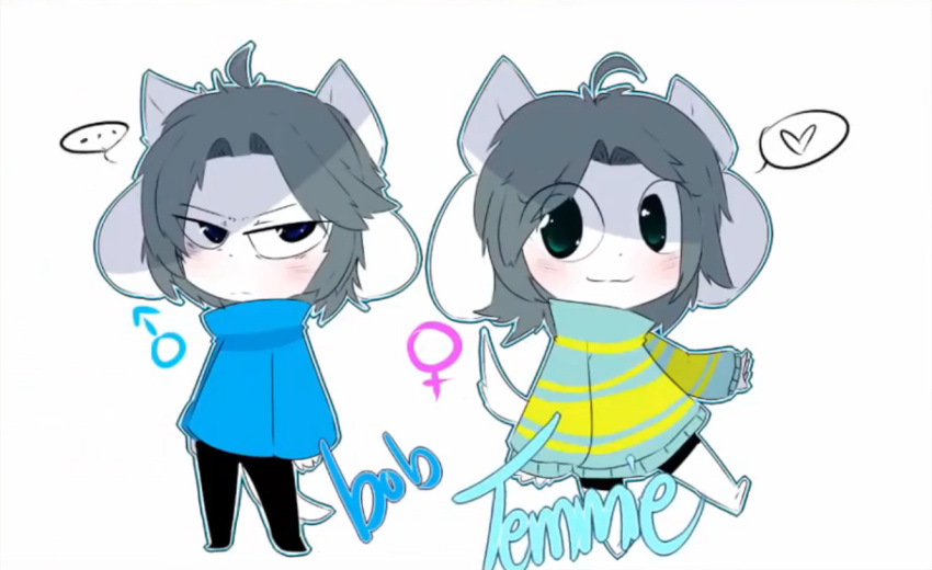 anthro bob_(undertale) canid canine clothed clothing duo felid feline female fur hair male mammal simple_background tem temmie_(undertale) text topwear undertale undertale_(series) white_body white_fur