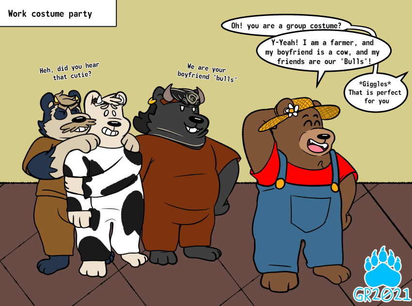 2021 anthro anthro_on_anthro arctodus bear black_body bottomwear brown_body closed_eyes clothing cuckold dialogue english_text facial_hair farmer grolarbearsins group hi_res male male/male mammal moustache overalls pants polar_bear redneck shirt short-faced_bear slightly_chubby spectacled_bear speech_bubble text topwear ursine white_body