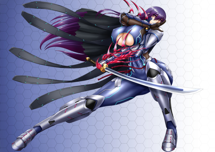 akiyama_rinko blue_bodysuit bodysuit breasts clothing_cutout female fishnets highres holding holding_sword holding_weapon impossible_bodysuit impossible_clothes katana large_breasts mechanical_arms nikozes ninja purple_eyes purple_hair single_mechanical_arm skin_tight solo sword taimanin_(series) taimanin_rpgx underboob_cutout unsheathed weapon