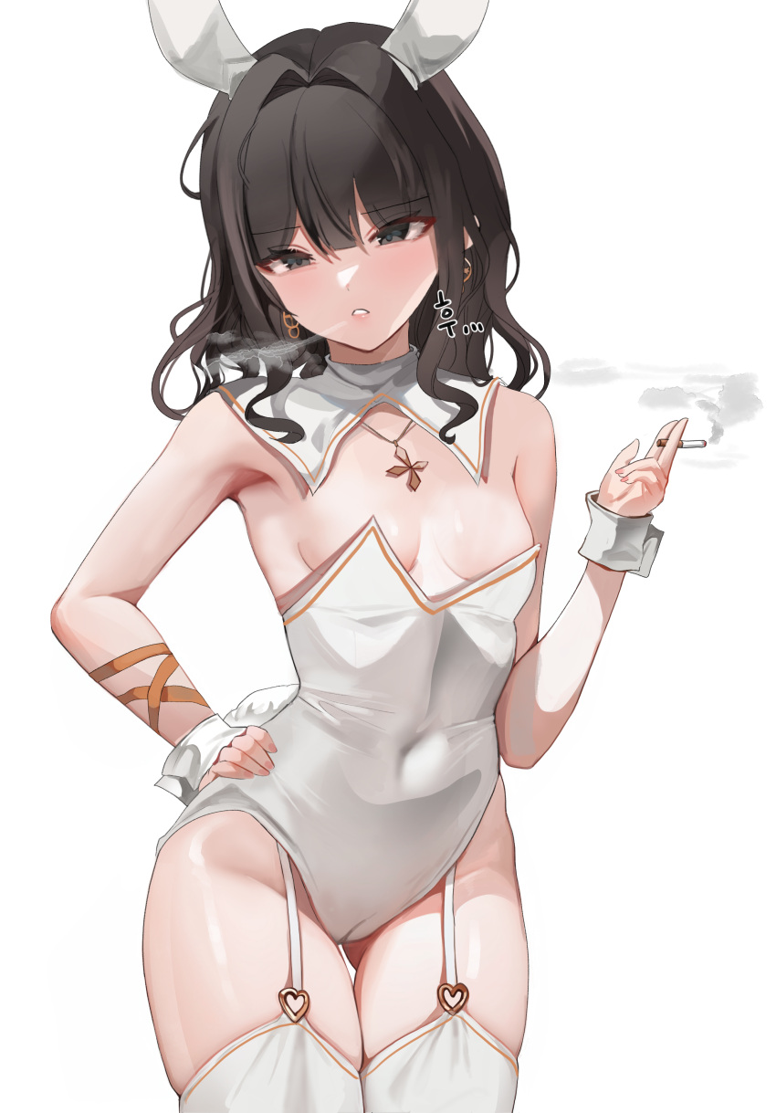 absurdres animal_ears black_eyes black_hair blowing_smoke blush breasts cigarette cleavage cowboy_shot dolechan dungeon_and_fighter earrings english_commentary fake_animal_ears female female_crusader_(dungeon_and_fighter) female_priest_(dungeon_and_fighter) garter_straps hand_on_own_hip hand_up highres holding holding_cigarette jewelry korean_commentary leotard looking_at_viewer md5_mismatch medium_hair mixed-language_commentary parted_lips playboy_bunny rabbit_ears resolution_mismatch simple_background small_breasts smoke smoking solo source_smaller thighhighs white_background white_garter_straps white_leotard white_thighhighs wrist_cuffs