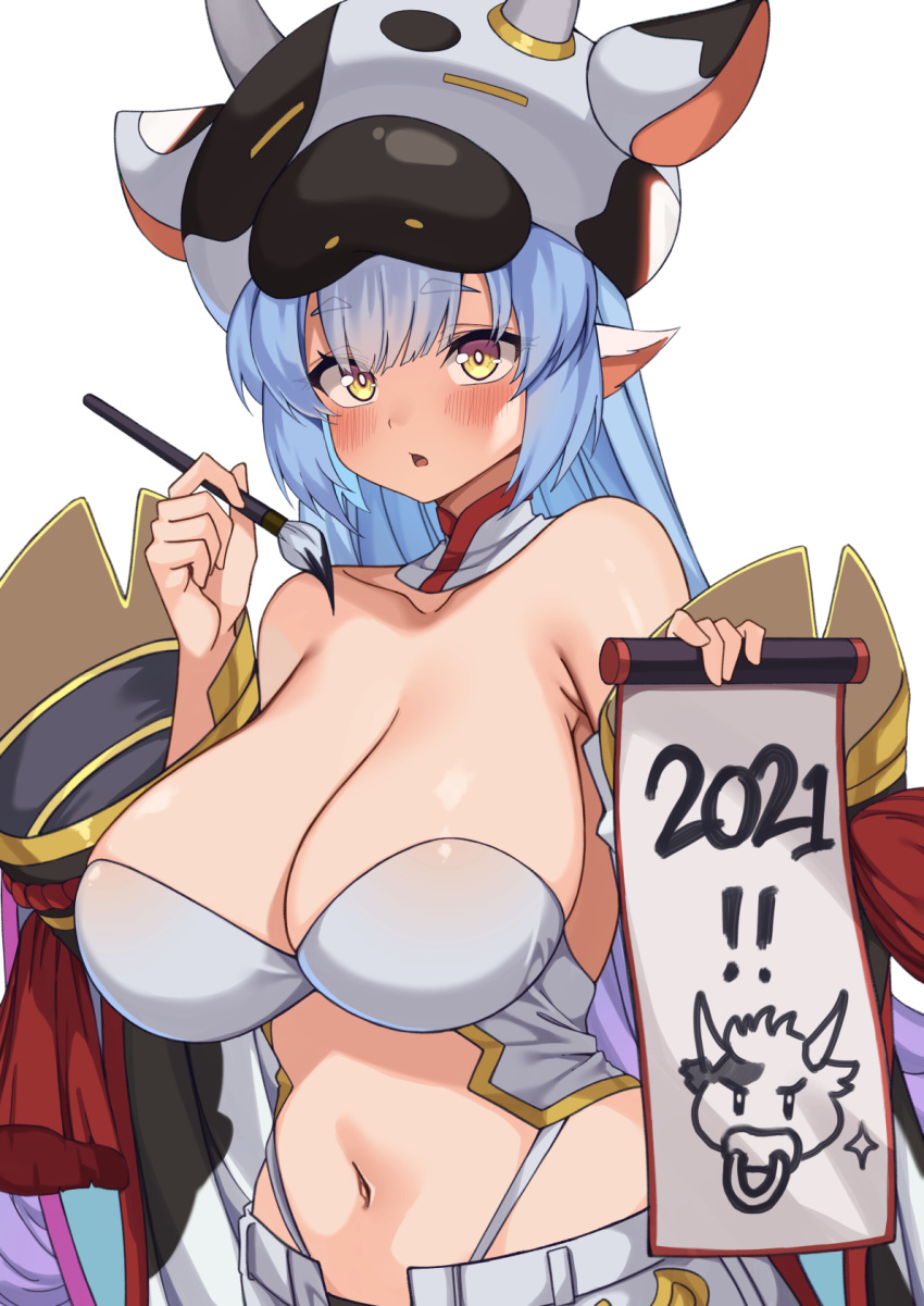 2021 animal_ears armpit_crease bare_shoulders blue_hair breasts catura_(granblue_fantasy) cleavage collarbone cow_ears cow_hood crop_top crop_top_overhang detached_collar detached_sleeves draph female gold_trim granblue_fantasy highleg highres holding kaosu_kun large_breasts long_hair long_sleeves looking_at_viewer midriff navel open_fly parted_lips scroll shirt shorts solo stomach strapless strapless_shirt transparent_background upper_body white_shirt white_shorts wide_sleeves yellow_eyes