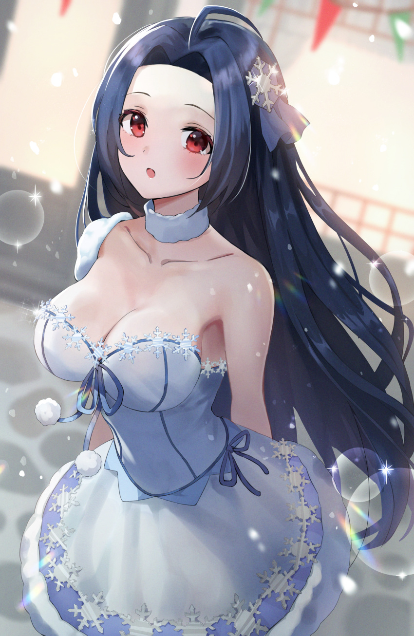 :o absurdres ahoge bad_id bad_pixiv_id blue_hair blurry blurry_background blush breasts choker cleavage collarbone dark_blue_hair dress female forehead highres idolmaster idolmaster_(classic) idolmaster_million_live! large_breasts lens_flare long_hair looking_at_viewer md5_mismatch miura_azusa parted_bangs snowflake_ornament solo straight_hair very_long_hair white_choker white_dress yurancoco