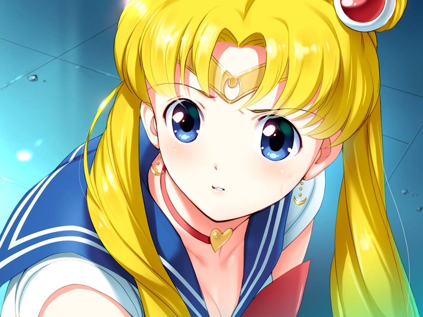 bishoujo_senshi_sailor_moon bishoujo_senshi_sailor_moon_s blonde_hair blue_eyes blue_sailor_collar breasts choker cleavage collarbone commentary_request crescent crescent_earrings derivative_work diadem dragon@harry earrings female hair_bun hair_over_shoulder heart heart_choker jewelry long_hair magical_girl meme photoshop_(medium) red_choker sailor_collar sailor_moon sailor_moon_redraw_challenge_(meme) sailor_senshi_uniform screenshot_redraw single_hair_bun solo sweatdrop tsukino_usagi twintails upper_body