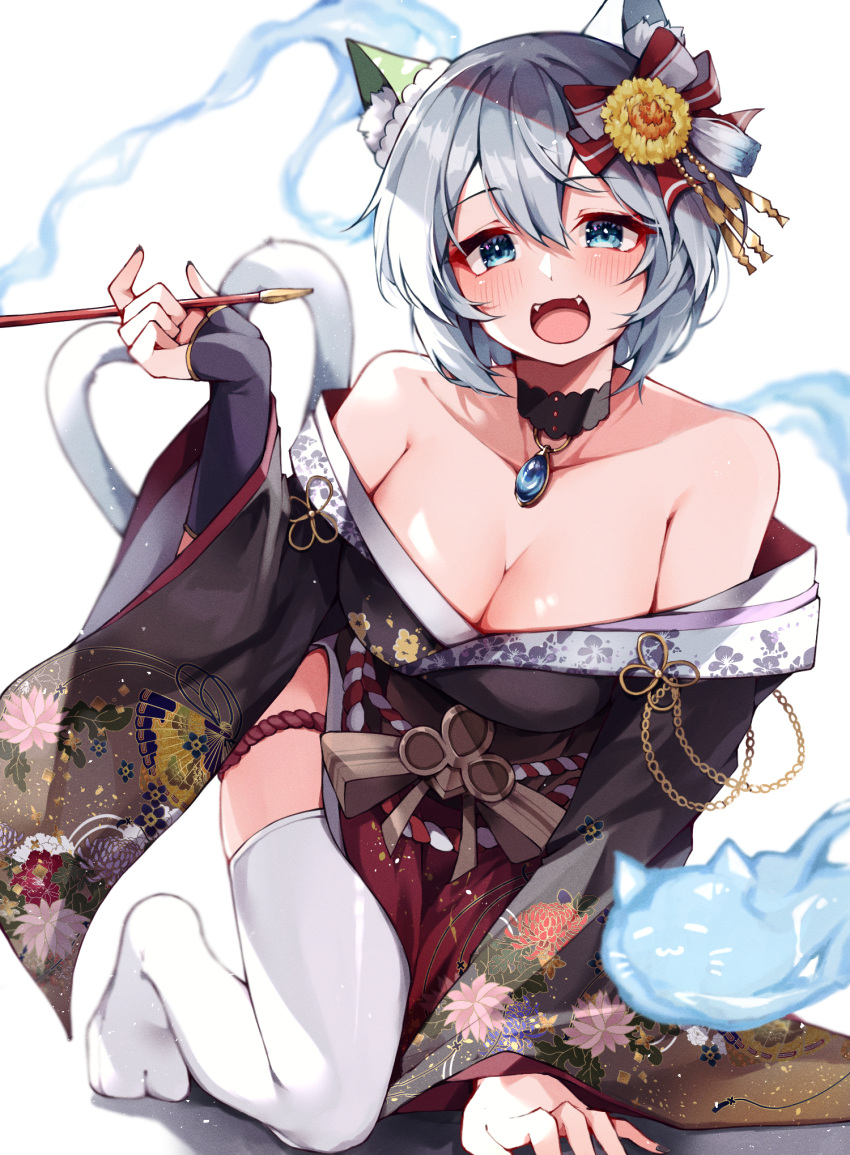 :d alternate_animal_ears animal_ears bare_shoulders black_choker black_kimono blue_eyes blush bow breasts cat_ears cat_girl cat_tail choker cleavage commentary ear_covers fangs female flower forked_tail grey_hair hair_between_eyes hair_flower hair_ornament hairbow highres japanese_clothes jewelry kanzashi kimono kiseru large_breasts looking_at_viewer misoni_(mi_so_ni_t) nekomata off_shoulder open_mouth pendant seiun_sky_(umamusume) short_hair single_ear_cover skin_fangs smile smoking_pipe solo sunflower sunflower_hair_ornament tail thighhighs traditional_youkai umamusume white_thighhighs