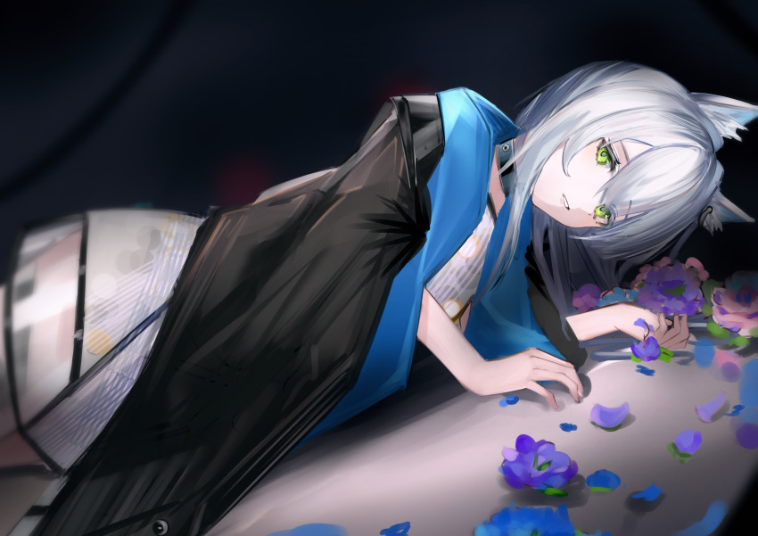 absurdres animal_ear_fluff animal_ears arknights blue_flower cat_ears cat_girl choker cloak dark dress earpiece eugle_na female flower green_eyes highres long_hair lying on_side parted_lips petals purple_flower rosmontis_(arknights) solo white_dress white_hair