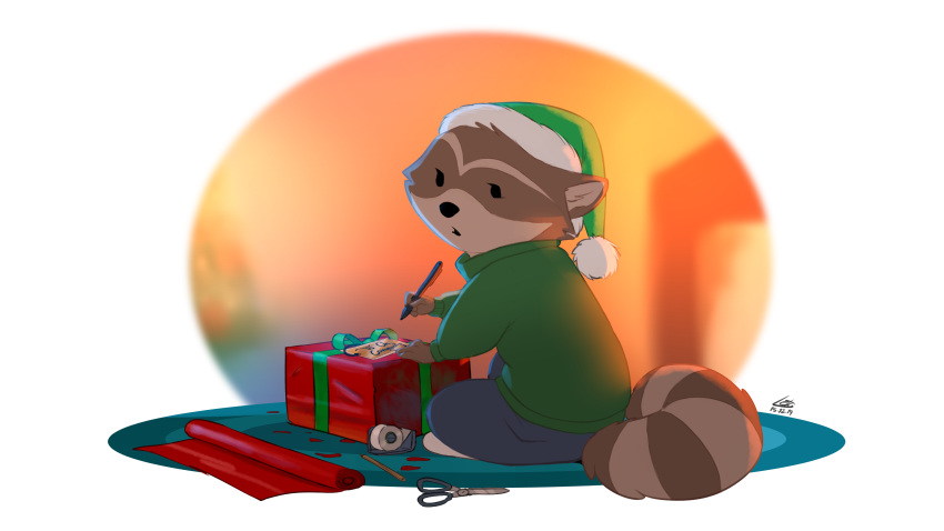 2019 absurd_res anthro black_eyes black_nose brown_body brown_fur chillhop chillhop_raccoon christmas christmas_clothing christmas_headwear clothed clothing digital_media_(artwork) fur gift green_clothing hat headgear headwear hi_res holding_object holding_pen holding_writing_utensil holidays letodoesart male mammal markings pen procyonid raccoon santa_hat scissors simple_background sitting solo striped_markings striped_tail stripes sweater tail tail_markings topwear white_background writing_utensil