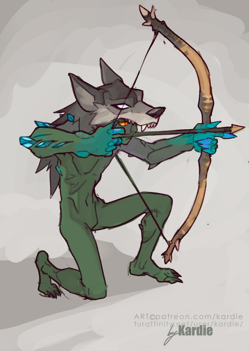 2020 5_fingers animal_helmet anthro arrow_(weapon) black_nose bow_(weapon) digital_media_(artwork) feet fingers goblin green_body green_skin grey_background hi_res holding_bow_(weapon) holding_object holding_ranged_weapon holding_weapon humanoid kardie kneeling looking_forward male orange_eyes ranged_weapon signature simple_background skull_helmet solo text toes url weapon wolf_helmet