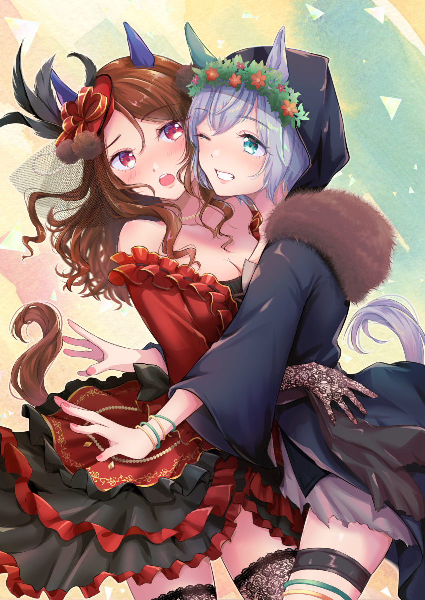 2girls absurdres animal_ears black_thighhighs blue_eyes breasts chizoku_sawa cleavage cloak commission dress ear_covers eye_contact frilled_dress frills glomp grey_hair highres horse_ears horse_girl horse_tail hug king_halo_(take_part_in_a_waltz_this_evening)_(umamusume) king_halo_(umamusume) lace-trimmed_legwear lace-trimmed_thighhighs lace_trim long_sleeves looking_at_another multiple_girls red_dress seiun_sky_(let's_dye_the_country_red_tomorrow)_(umamusume) seiun_sky_(umamusume) short_dress short_hair skeb_commission tail thighhighs umamusume