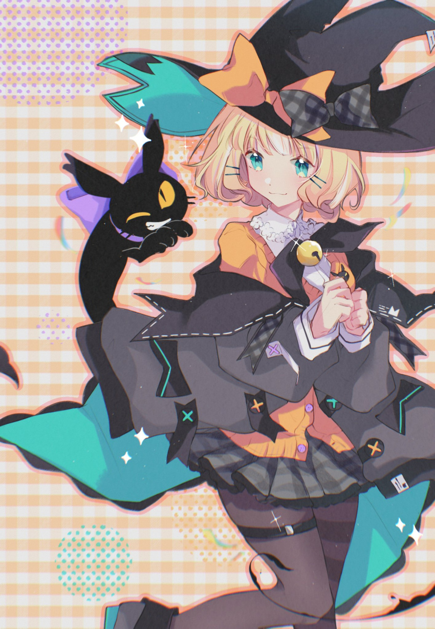 04530 bell black_bow black_footwear black_jacket black_pantyhose blonde_hair blue_eyes bow feline female hat highres jacket lucie_(millie_parfait) millie_parfait neck_bell nijisanji nijisanji_en off_shoulder orange_sweater pantyhose short_hair smile solo sweater thigh_strap virtual_youtuber witch_hat