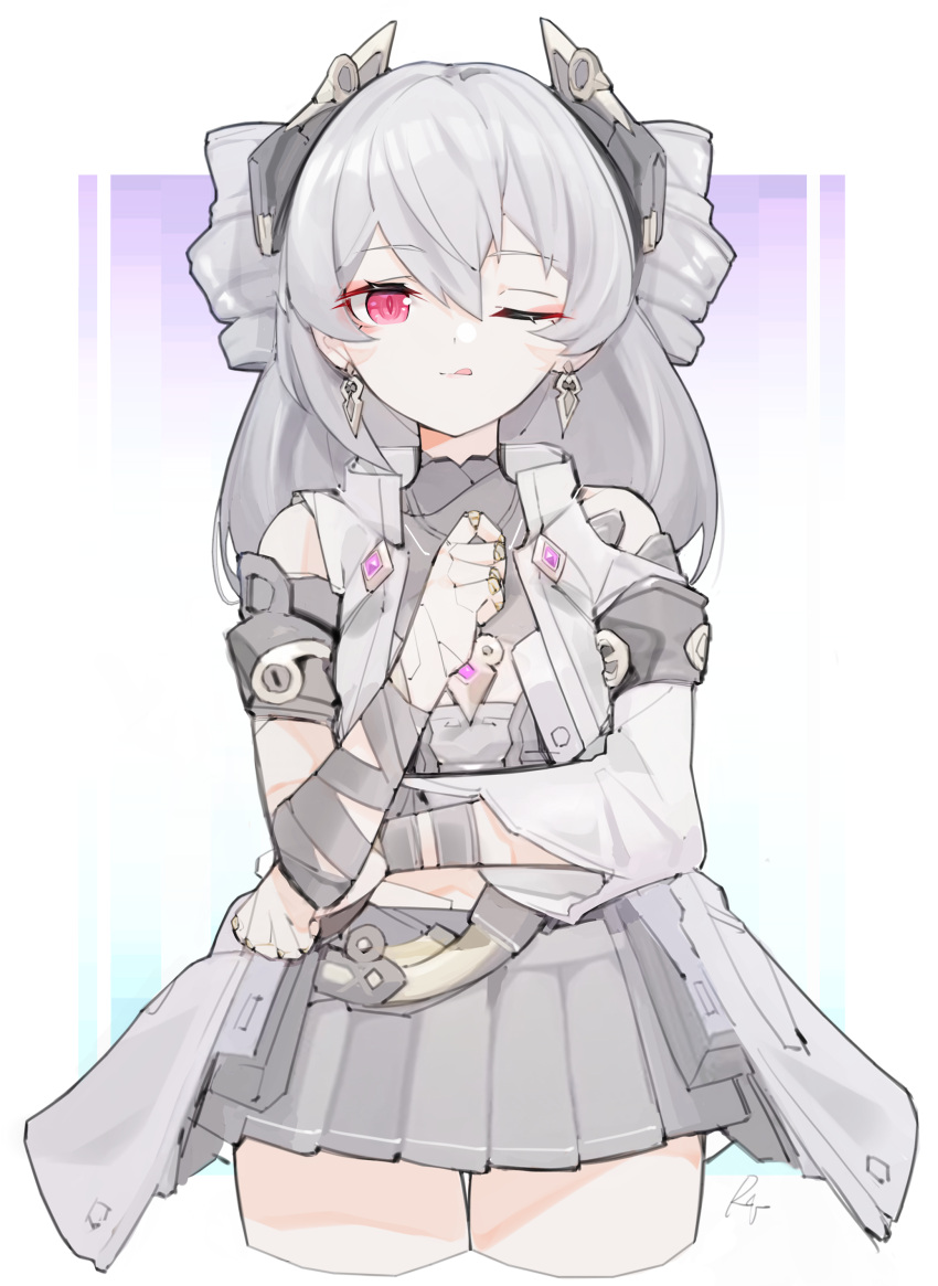 ;q absurdres closed_mouth commentary cropped_legs drill_hair earrings error1980 female grey_hair grey_jacket grey_skirt hair_between_eyes headgear highres honkai_(series) honkai_impact_3rd jacket jewelry joints long_hair looking_at_viewer one_eye_closed open_clothes open_jacket pleated_skirt prometheus_(honkai_impact) red_eyes robot_joints skirt solo tongue tongue_out twin_drills