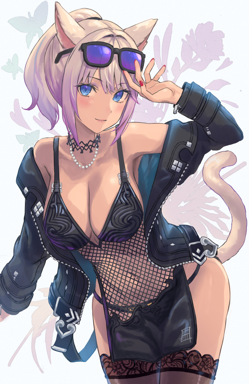 absurdres animal_ears black_jacket blonde_hair blue_eyes bra breasts cat_ears cat_girl cat_tail closed_mouth commission cowboy_shot enporion eyewear_on_head female final_fantasy final_fantasy_xiv fishnets highres jacket jewelry looking_at_viewer miqo'te multicolored_hair nail_polish necklace original panties pearl_necklace ponytail purple_hair red_nails simple_background skeb_commission smile solo streaked_hair sunglasses tail thighhighs underwear warrior_of_light_(ff14)