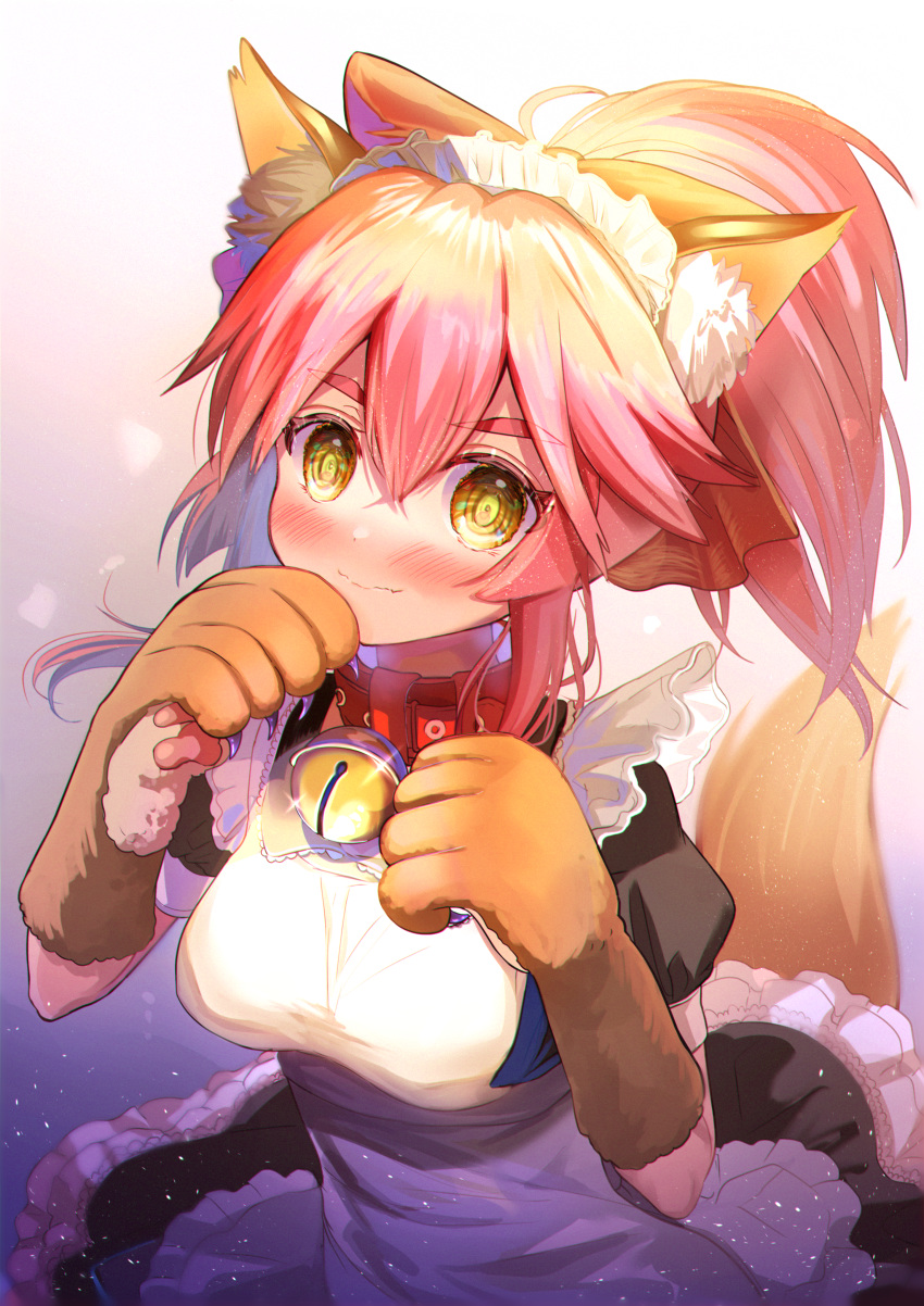 absurdres alternate_costume animal_ear_fluff animal_ears animal_hands bell blush breasts cat_paws collar commentary_request embarrassed enmaided fate/grand_order fate_(series) female fox_ears fox_girl fox_tail gloves hair_ribbon highres izumi_asayo jingle_bell large_breasts long_hair looking_at_viewer maid neck_bell paw_gloves pink_hair ponytail red_ribbon ribbon solo tail tamamo_(fate) tamamo_cat_(fate) tamamo_cat_(second_ascension)_(fate) wavy_mouth yellow_eyes