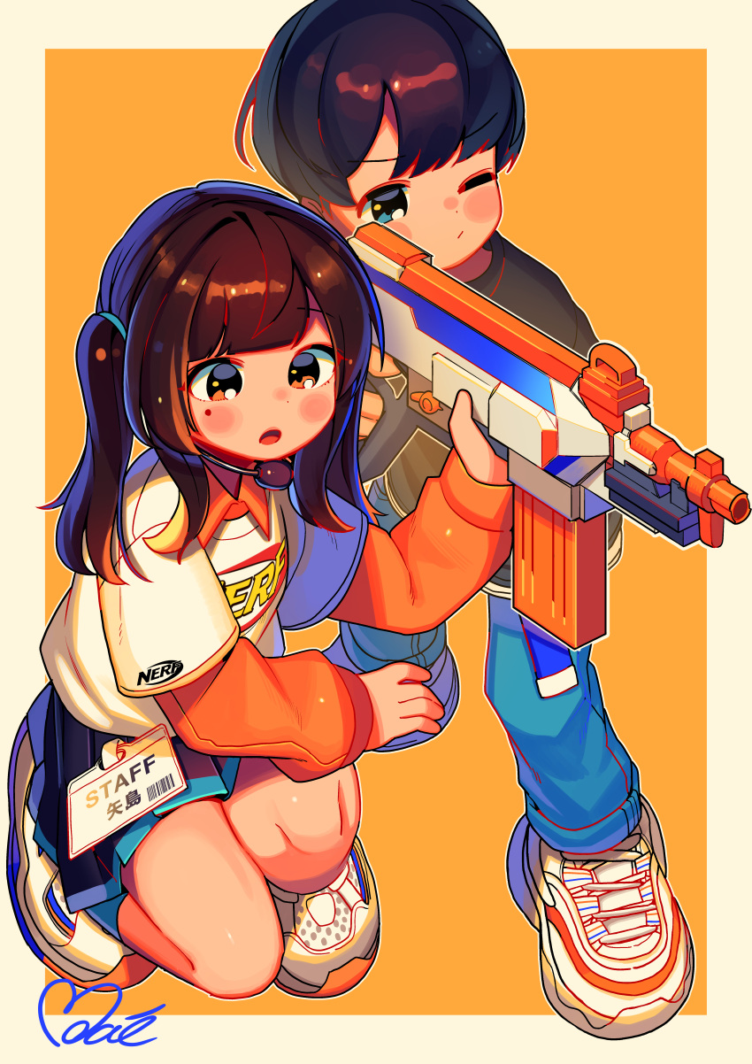 1boy absurdres aiming black_hair blue_eyes blush_stickers border brown_eyes brown_hair character_request denim female gun headset highres holding holding_gun holding_weapon id_card jeans lolicon long_sleeves medium_hair moai_(more_e_4km) mole mole_under_eye nerf_gun on_one_knee one_eye_closed orange_background original outside_border pants pleated_skirt product_girl rifle shirt shoes skirt sneakers t-shirt toy_gun translation_request twintails weapon white_border