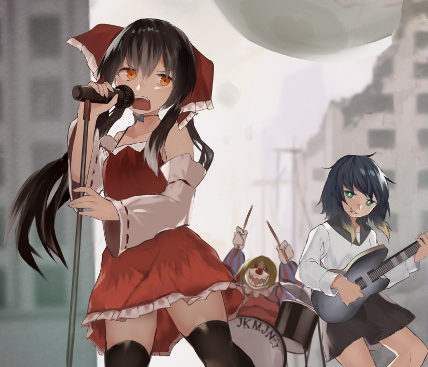 2boys band black_hair black_legwear black_skirt blonde_hair blurry bow building clown clown_nose commentary_request cookie_(touhou) cowboy_shot crossdressing depth_of_field detached_sleeves disembodied_eye dress drum drum_set drumsticks electric_guitar female frilled_bow frilled_dress frills gloves gradient_hair green_eyes guitar hair_between_eyes hairbow hakurei_reimu highres holding holding_microphone_stand instrument long_hair looking_to_the_side medium_hair microphone microphone_stand multicolored_hair multiple_boys music open_mouth orange_eyes playing_instrument purple_hair red_bow red_dress red_eyes rizeass ruins school_uniform serafuku shiriri_(cookie) shumiyou_desu sidelocks singing skirt standing star_(symbol) teeth thighhighs touhou upper_teeth_only white_gloves white_sleeves yuyusu_(cookie)