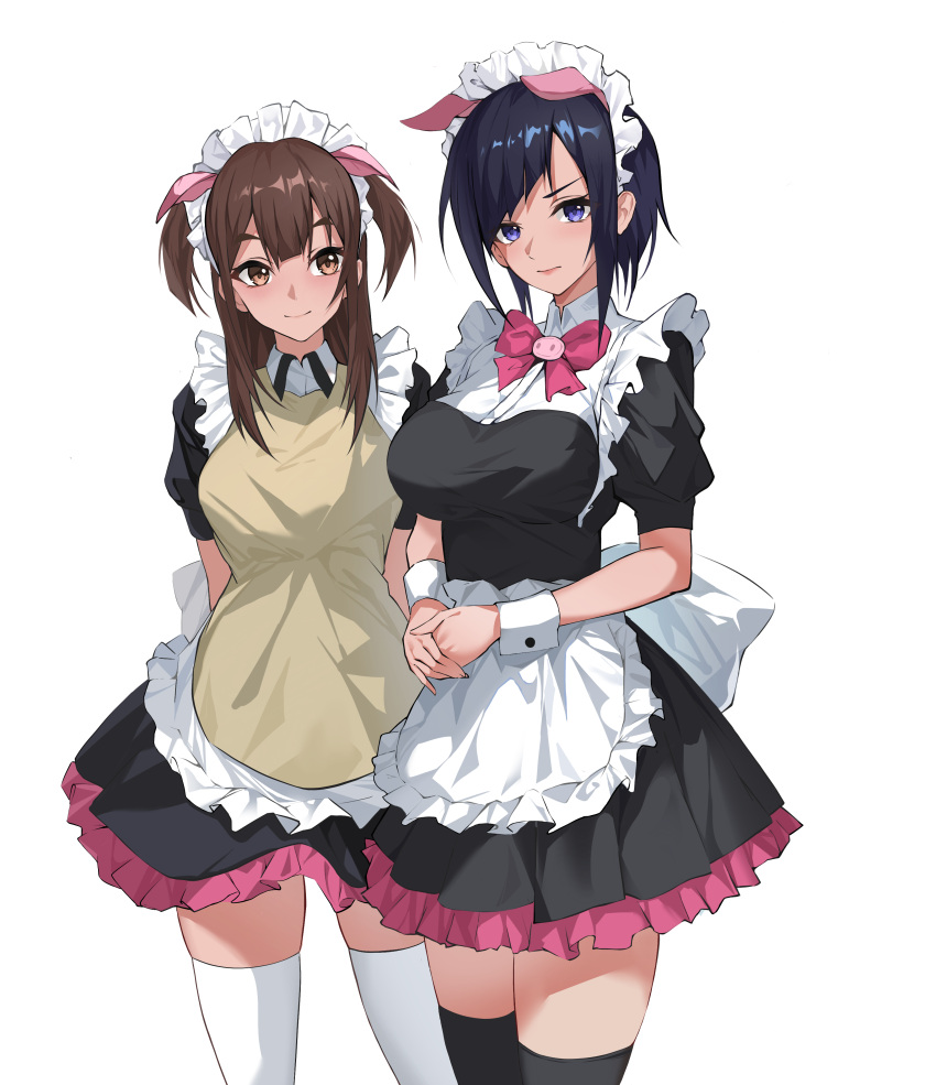 2girls absurdres akiba_maid_sensou animal_ears apron arms_behind_back black_dress black_hair black_thighhighs blue_eyes bow bowtie breasts brown_eyes brown_hair commentary_request cowboy_shot dress fake_animal_ears frilled_apron frills highres large_breasts long_hair looking_at_viewer maid maid_headdress mannen_ranko multiple_girls own_hands_together paradox_(parapa) pig_ears pink_bow pink_bowtie puffy_short_sleeves puffy_sleeves short_dress short_hair short_sleeves simple_background smile standing thighhighs thighs two_side_up wahira_nagomi waist_apron white_apron white_background white_thighhighs wrist_cuffs zettai_ryouiki