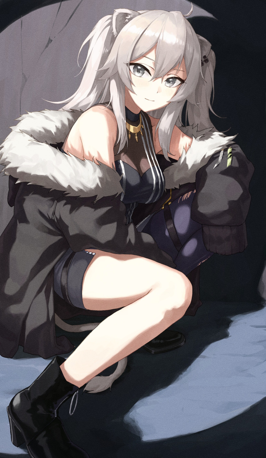 animal_ears black_footwear black_shirt boots breasts brown_coat cleavage coat ear_piercing female full_body fur-trimmed_coat fur_trim grey_eyes grey_hair hair_between_eyes high_heels highres hololive lion_ears lion_girl lion_tail long_hair long_sleeves looking_at_viewer makimaki_makky7 medium_breasts open_clothes open_coat piercing see-through see-through_cleavage shirt shishiro_botan shishiro_botan_(1st_costume) sleeveless sleeveless_shirt solo squatting tail two_side_up virtual_youtuber