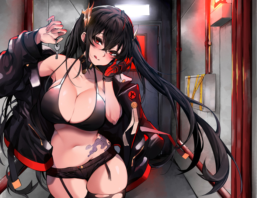 :q absurdres azur_lane bare_shoulders black_hair black_jacket black_shorts black_thighhighs blush breasts chickenvomit cleavage collar commentary crossed_bangs female garter_straps gloves hair_between_eyes hair_ornament hallway halterneck head_tilt highres holding holding_key indoors jacket jacket_on_shoulders key large_breasts licking_lips long_hair looking_at_viewer midriff navel open_clothes open_jacket red_eyes red_gloves revealing_clothes short_shorts shorts single_glove smile solo stomach taihou_(azur_lane) tattoo thighhighs tongue tongue_out torn_clothes torn_thighhighs twintails very_long_hair