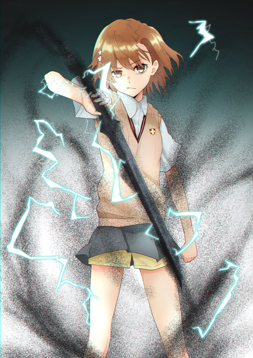 aic_oekaki breasts brown_eyes brown_hair brown_sweater_vest clenched_hand collared_shirt electricity electrokinesis emblem female grey_skirt highres holding holding_sword holding_weapon looking_at_viewer magnetism medium_breasts medium_hair metal_sand misaka_mikoto pleated_skirt psychic school_emblem school_uniform shirt short_shorts short_sleeves shorts shorts_under_skirt skirt solo standing summer_uniform sweater_vest sword toaru_kagaku_no_railgun toaru_majutsu_no_index tokiwadai_school_uniform weapon white_shirt yellow_shorts