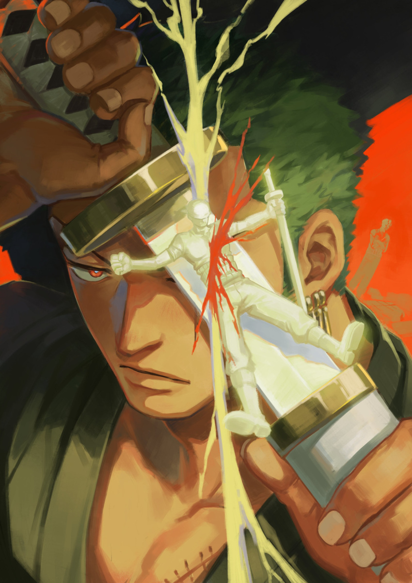 1boy absurdres boots close-up closed_mouth commentary earrings electricity green_hair haramaki highres holding holding_sword holding_weapon jennyandloiryan jewelry looking_at_viewer male_focus one_piece orange_background orange_eyes roronoa_zoro sheath short_hair sideburns solo stitched_torso stitches sword unsheathing weapon