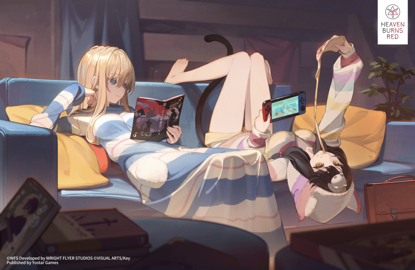 2girls absurdres animal_hood animal_on_head asakura_karen_(heaven_burns_red) barefoot black_hair blonde_hair blue_dress blue_eyes blurry blurry_foreground book breasts briefcase cat_tail cleavage closed_mouth collarbone commentary couch cushion dress eating english_commentary food food_on_face handheld_game_console heaven_burns_red highres holding holding_book holding_food holding_handheld_game_console holding_pizza hood hood_up hoodie indoors key_(company) long_hair long_sleeves lying medium_hair multicolored_clothes multicolored_hoodie multiple_girls nintendo_switch on_back on_couch on_head open_book pizza pizza_slice shorts smile striped_clothes striped_dress striped_hoodie swept_bangs tail timbougami toujou_tsukasa white_dress yellow_eyes yellow_shorts yostar