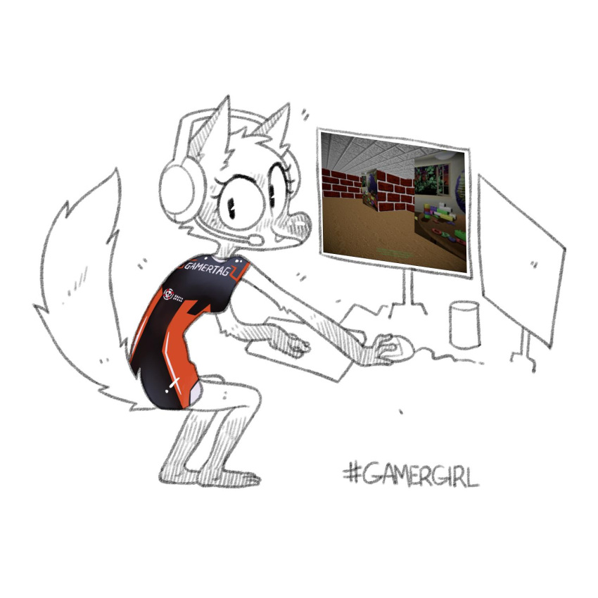 2019 anthro barefoot breasts canid canine clothed clothing computer computer_monitor computer_mouse digital_drawing_(artwork) digital_media_(artwork) dress electronics fangs feet female fox fox_(ljrmr) fur gaming hashtag hatching_(art) headgear headphones headset hi_res keyboard ljrmr looking_at_viewer looking_back looking_back_at_viewer mammal nonbinary_(lore) paint_tool_sai_(artwork) playing_video_game screencap shaded sitting smile snout solo tail teeth