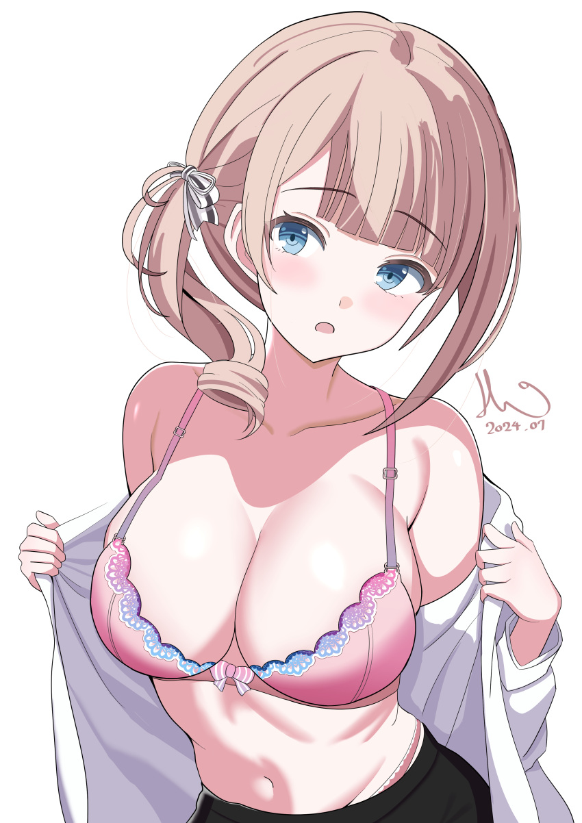 :o absurdres armpit_crease black_skirt blue_eyes blunt_bangs bow bow_bra bra breasts brown_hair dated female hair_ribbon highres light_blush long_hair looking_at_viewer loose_hair_strand mochizuki_honami navel open_clothes open_mouth open_shirt opened_by_self panty_straps pink_bra project_sekai ribbon shirt side_ponytail signature simple_background skirt solo stomach underwear upper_body white_background white_shirt zyor741