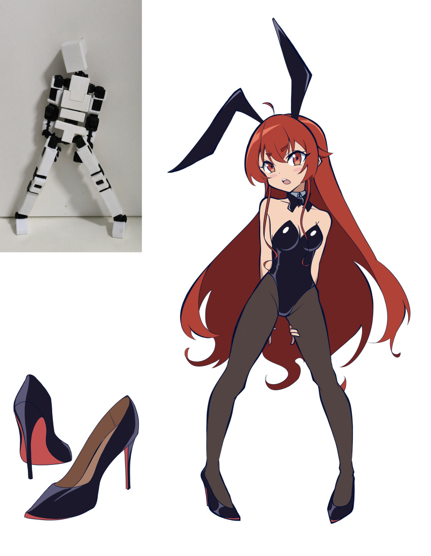 3qaq absurdres ahoge animal_ears arms_behind_back black_bow black_bowtie black_leotard black_pantyhose blush bow bowtie breasts cleavage eris_greyrat eyebrows_hidden_by_hair fake_animal_ears female full_body groin hand_on_own_thigh high_heels highres legs_apart leotard looking_at_viewer medium_breasts mushoku_tensei open_mouth pantyhose photo-referenced playboy_bunny red_eyes red_hair simple_background solo stiletto_heels teeth unworn_footwear upper_teeth_only white_background