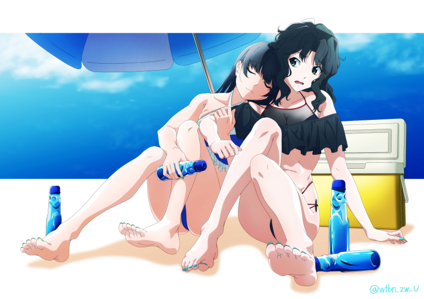 2girls absurdres alternate_costume alternate_eye_color amagami ass ayatsuji_tsukasa barefoot beach_umbrella bikini black_bikini black_hair blue_bikini blue_nails blue_sky border bottle breasts closed_eyes closed_mouth commentary curly_hair feet full_body green_eyes halterneck head_on_another's_shoulder highleg highleg_bikini highres holding holding_bottle leaning_on_person medium_breasts medium_hair messy_hair multi-strapped_bikini_bottom multiple_girls nail_polish o-ring o-ring_bikini open_mouth outside_border ramune refrigerator sitting sky sleeping sleeping_upright soles straight_hair string_bikini swimsuit tanamachi_kaoru thighs toenail_polish toenails toes twitter_username umbrella wavy_hair white_border wtbn_zw_u yuri