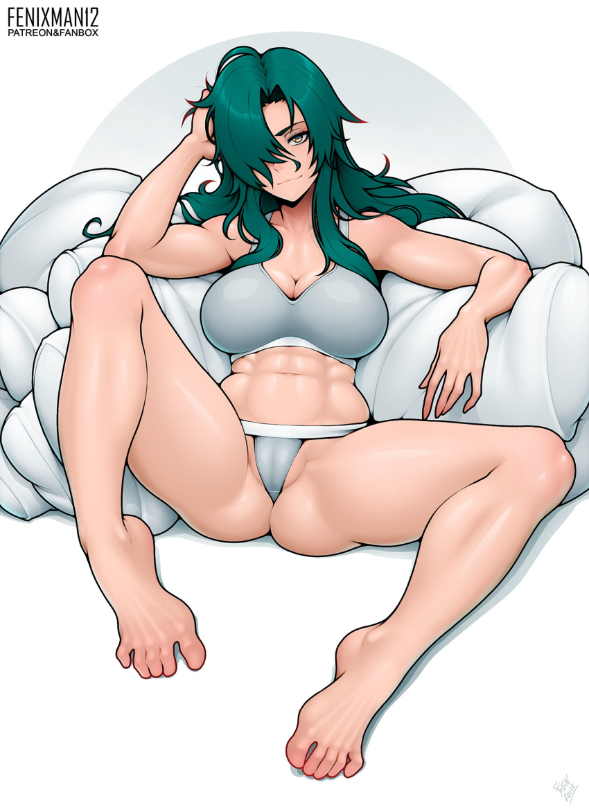 abs artist_name ass barefoot bra breasts brown_eyes chiyu_mahou_no_machigatta_tsukaikata cleavage eyebrows_hidden_by_hair female fenixman12 full_body green_hair grey_bra grey_panties hair_between_eyes hair_over_one_eye hand_in_own_hair highres light_smile long_hair looking_at_viewer open_mouth panties partially_visible_vulva pillow rose_(chiyu_mahou) signature simple_background sitting solo spread_legs toes toned_female underwear underwear_only white_background