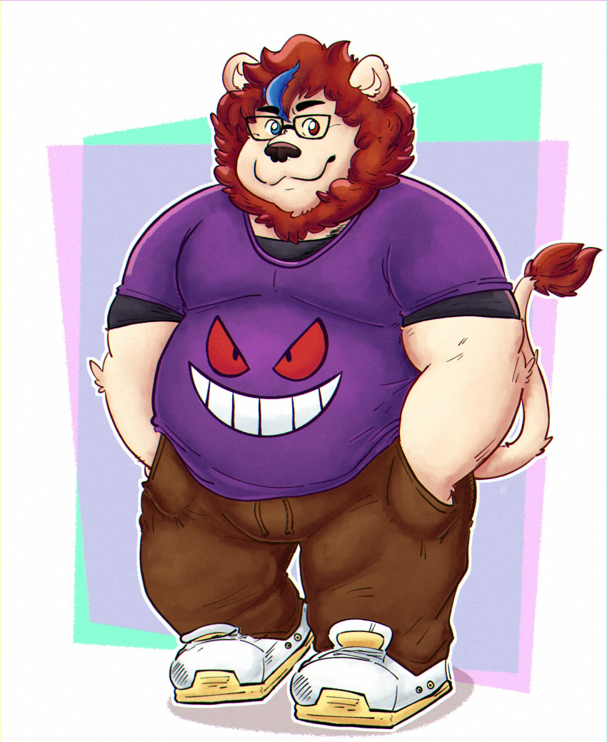 06junior11 2024 anthro belly big_belly black_nose bottomwear clothing eyewear felid generation_1_pokemon gengar glasses hi_res lion male mammal nintendo overweight overweight_male pantherine pants pokemon pokemon_(species) shirt simple_background solo topwear