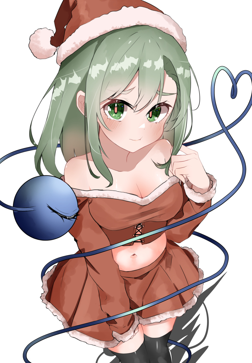 absurdres alternate_headwear amane_alice black_thighhighs blush breasts cleavage closed_mouth commentary eyeball female fur-trimmed_headwear fur-trimmed_skirt fur-trimmed_sleeves fur_trim green_eyes green_hair hat heart heart_of_string highres komeiji_koishi lace-up_top long_hair long_sleeves looking_at_viewer midriff navel off-shoulder_shirt off_shoulder pink_pupils pout red_hat red_shirt red_skirt santa_costume santa_hat shirt skirt solo thighhighs third_eye touhou