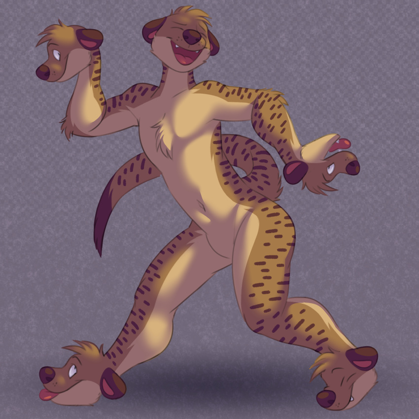 anthro dancing fetishame floppy_ears fur happy head_feet head_hands herpestid hi_res male mammal markings meerkat multi_head open_mouth solo spots spotted_body spotted_fur tongue tongue_out what_has_science_done