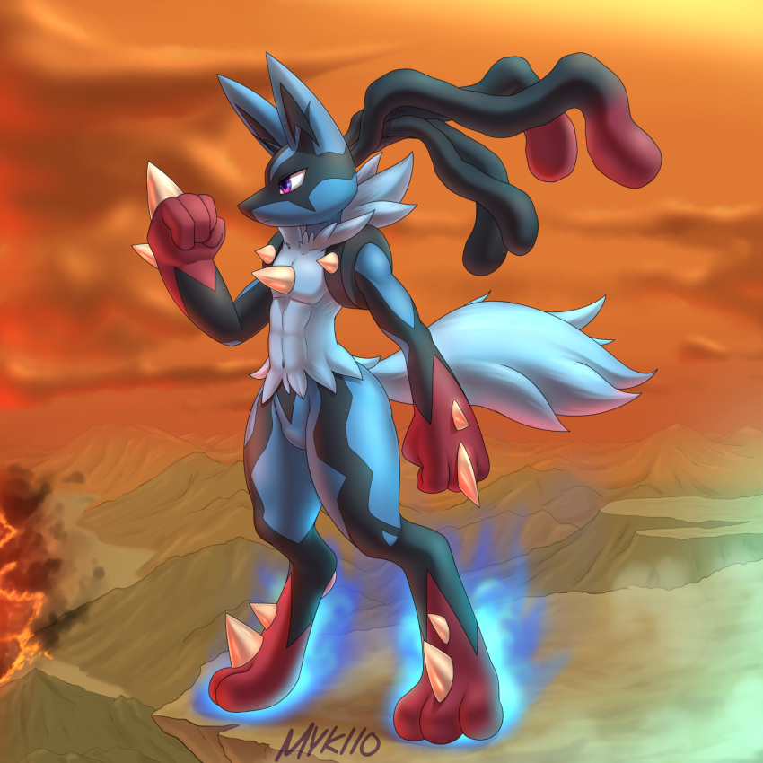 anthro generation_4_pokemon generation_6_pokemon hi_res humanoid lucario male mega_evolution mega_lucario mykiio mykiio_(fursona) nintendo pokemon pokemon_(species) solo wild_fire