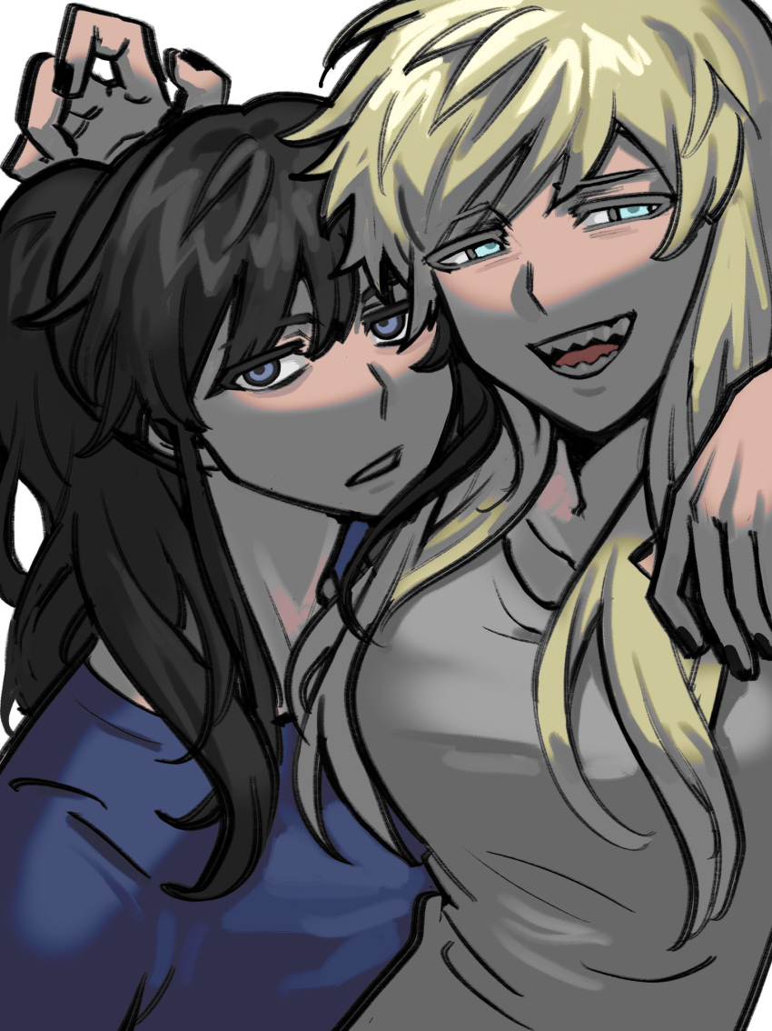 2girls arm_above_head arm_behind_back arm_over_shoulder big_breasts black_hair black_nail_polish black_nails blonde_female blonde_hair blonde_hair blonde_hair_female blue_eyes blue_shirt breasts bugs_bug_me class_of_'09 dark_nails emily_(class_of_'09) eyebags fangs female female_focus hair_brushing head_on_shoulder head_to_head hug hugging hugging_another long_hair messy_hair nail_polish nails_painted nicole_(class_of_'09) obsessed obsession oerba_yun_fang pale-skinned_female pale_skin ponytail shark_teeth sharp_teeth shirt smile smiling tired tired_expression tired_eyes tired_look toxic toxic_yuri unhealthy unhealthy_relationship white_body white_shirt white_skin yellow_hair yuri