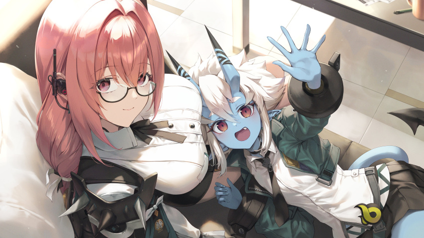 2girls absurdres aqua_jacket black_skirt blue_skin breasts closed_mouth colored_skin commentary_request couch demon_girl demon_horns demon_tail from_above fukai_ryosuke glasses highres horns indoors jacket large_breasts long_hair looking_at_viewer lying_on_lap multiple_girls on_couch open_mouth pink_eyes pink_hair red_eyes second-party_source shirt skirt small_breasts soukaku_(zenless_zone_zero) tail tsukishiro_yanagi white_hair white_shirt zenless_zone_zero