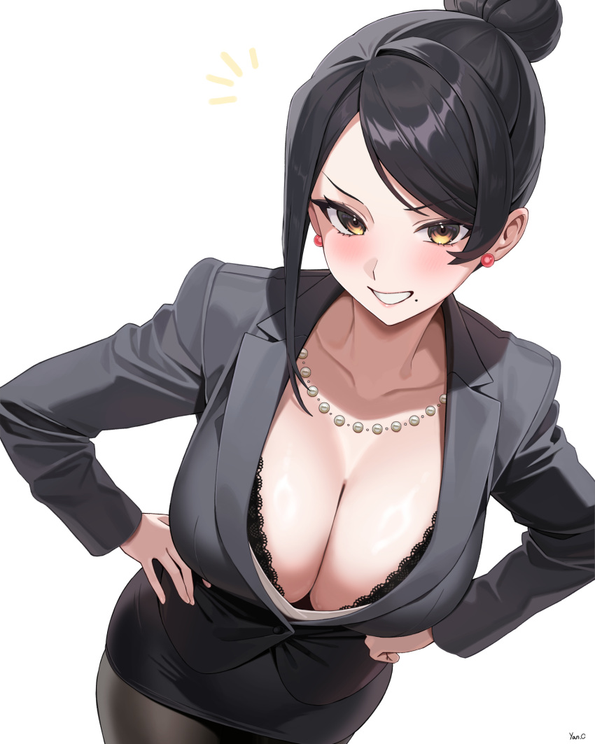 artist_name asymmetrical_hair bijin_onna_joushi_takizawa-san black_hair breasts business_suit cleavage commentary earrings female hair_bun highres jewelry large_breasts mature_female mole mole_under_mouth necklace office_lady pantyhose pearl_necklace simple_background single_hair_bun suit takizawa_kyouko white_background yan.c