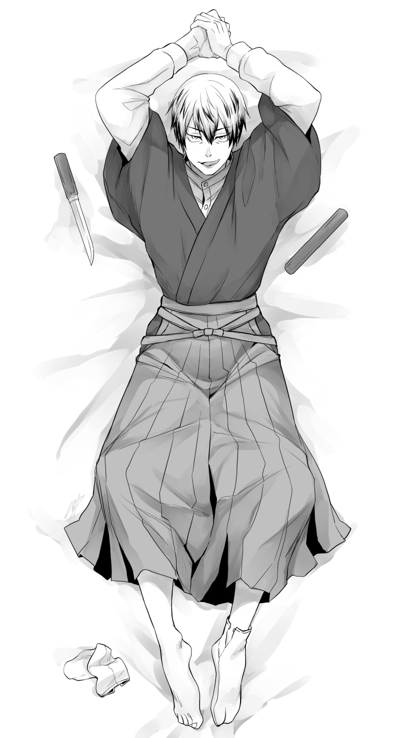 arms_up black_hair chikage_(blackclownery) colored_tips dakimakura_(medium) greyscale hakama hakama_pants highres holding_own_hand japanese_clothes jujutsu_kaisen kimono knife long_sleeves male_focus monochrome multicolored_hair pants short_hair socks tongue tongue_out unworn_socks zen'in_naoya