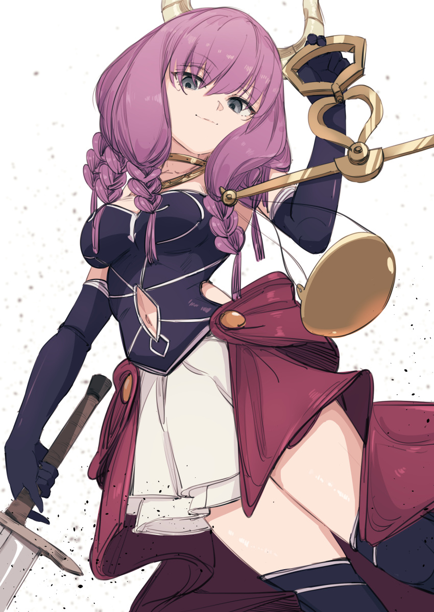 absurdres aura_(sousou_no_frieren) breasts clothing_cutout demon_girl demon_horns female grey_eyes highres holding holding_sword holding_weapon horns jewelry looking_at_viewer medium_breasts medium_hair navel_cutout necklace ogura_tubuan pink_hair simple_background solo sousou_no_frieren sword thighhighs weapon weighing_scale white_background