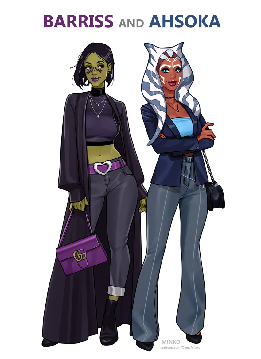 2girls ahsoka_tano alien artist_name bag barriss_offee belt black_coat black_hair black_shirt blue_eyes blue_jacket character_name coat colored_skin crop_top green_skin grey_pants handbag highres jacket jewelry long_coat midriff mirialan multiple_girls necklace olena_minko open_clothes open_coat open_jacket pants patreon_username purple_bag purple_belt shirt star_wars star_wars:_the_clone_wars togruta web_address