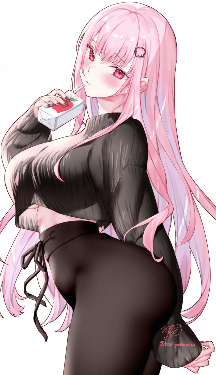 absurdres ass black_nails black_pants black_sweater blush breasts closed_mouth drinking_straw eyelashes female from_side hair_ornament highres holding_juice_box hololive hololive_english juice_box kamiya_maneki large_breasts long_hair long_sleeves mori_calliope pants pink_eyes pink_hair signature solo sweater twitter_username virtual_youtuber