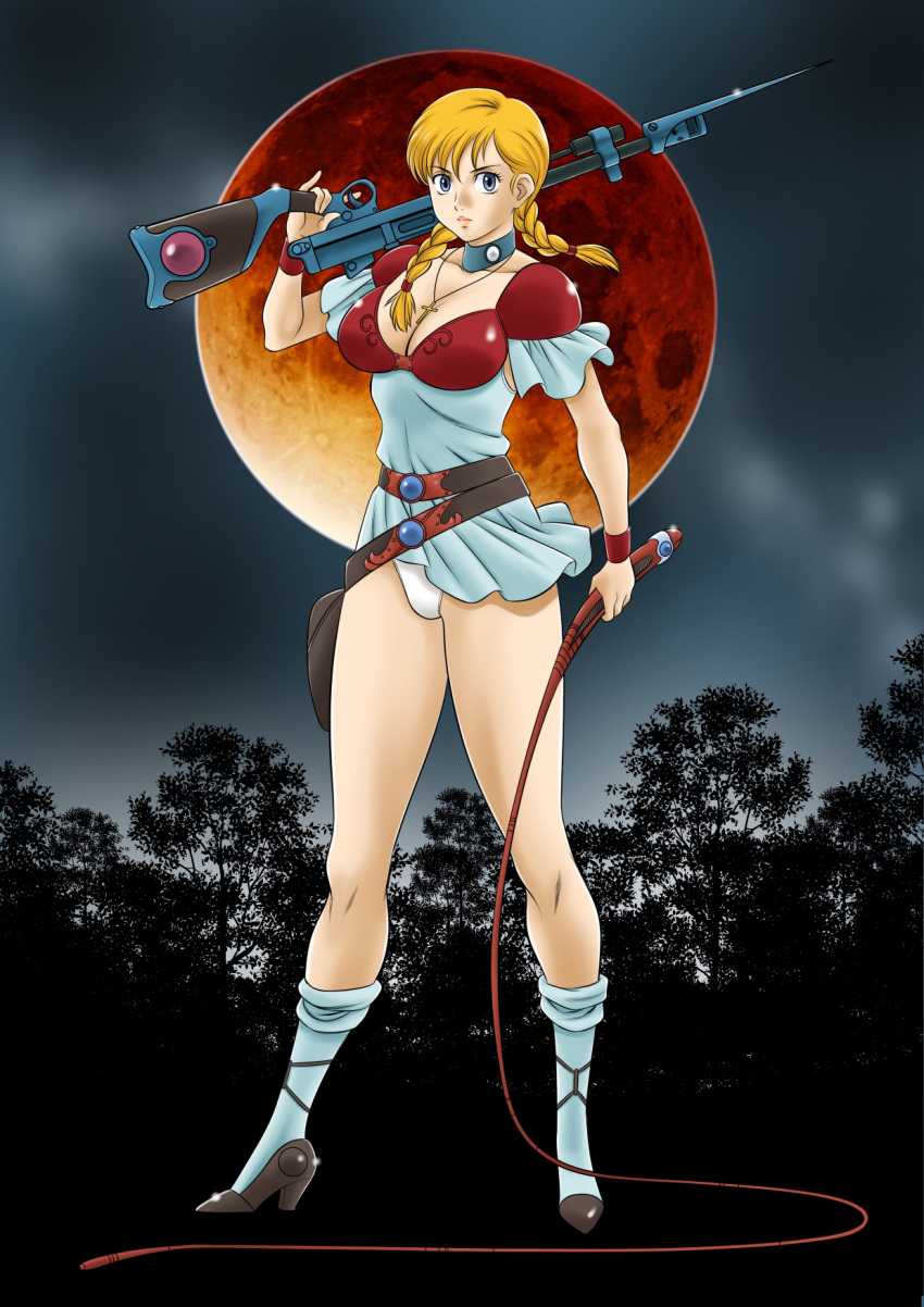 aki_(pixiv_87336387) armor blonde_hair blue_eyes braid breasts closed_mouth collarbone cross cross_necklace doris_lang eyelashes female full_body gun high_heels highres holding holding_gun holding_weapon holding_whip jewelry moon necklace over_shoulder panties red_armor red_moon rifle solo thighs tunic twin_braids underwear vampire_hunter_d weapon weapon_over_shoulder white_footwear white_panties white_tunic