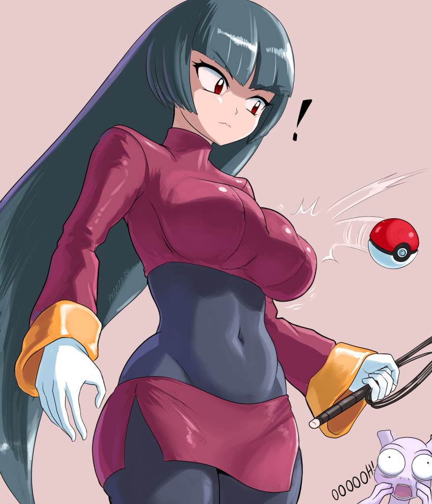 absurdres arms_at_sides black_hair blunt_bangs bodystocking breasts brown_background constricted_pupils covered_navel cowboy_shot crop_top cropped_jacket english_commentary female gloves highres holding holding_whip impossible_clothes impossible_jacket jacket large_breasts long_hair looking_at_object mewtwo microskirt motion_lines pantyhose poke_ball poke_ball_(basic) pokemon pokemon_(creature) pokemon_frlg profitshame red_eyes red_jacket red_skirt sabrina_(pokemon) simple_background skirt solo_focus surprised three_quarter_view turtleneck turtleneck_jacket v-shaped_eyebrows very_long_hair whip white_gloves wide-eyed