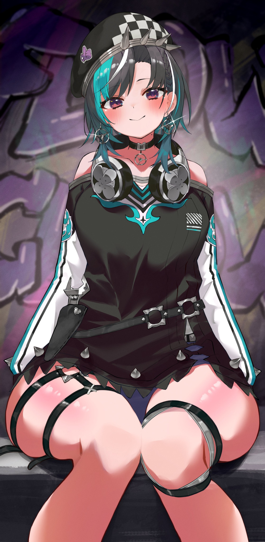 absurdres aqua_streaks asymmetrical_bangs belt beret black_choker black_hair blush breasts choker collarbone denim denim_shorts dress earrings female floating_earring gradient_hair graffiti hat headphones headphones_around_neck highres hololive hololive_dev_is huge_thighs jewelry knee_strap long_sleeves looking_at_viewer medium_hair multicolored_hair nema_029 o-ring o-ring_belt o-ring_thigh_strap off_shoulder rindo_chihaya shorts sitting solo spiked_dress spiked_hat strapless strapless_dress streaked_hair thigh_strap virtual_youtuber wariza white_streaks wrench