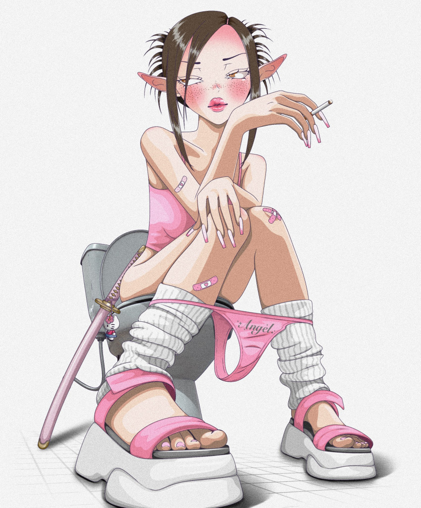 bandaid bandaid_on_arm bandaid_on_knee bandaid_on_leg blush breasts brown_hair cigarette clothes_writing collarbone elf eyelashes feet female fingernails freckles hello_kitty hello_kitty_(character) highres holding holding_cigarette leg_warmers long_fingernails m7radgalaxy on_toilet original panties panty_pull pink_lips pink_thong pointy_ears sandals sanrio scabbard sheath solo sword tank_top thong toenails toes toilet underwear weapon