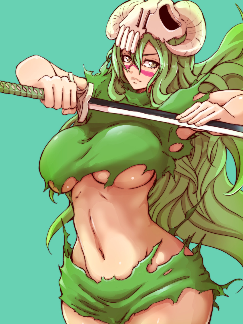 arrancar bleach breasts cutterhappa facial_mark female green_background green_hair highres holding holding_sword holding_weapon large_breasts long_hair looking_at_viewer mask mask_on_head navel nelliel_tu_odelschwanck revealing_clothes scar scar_on_face shiny_skin simple_background skull_on_head sword torn_clothes underboob weapon