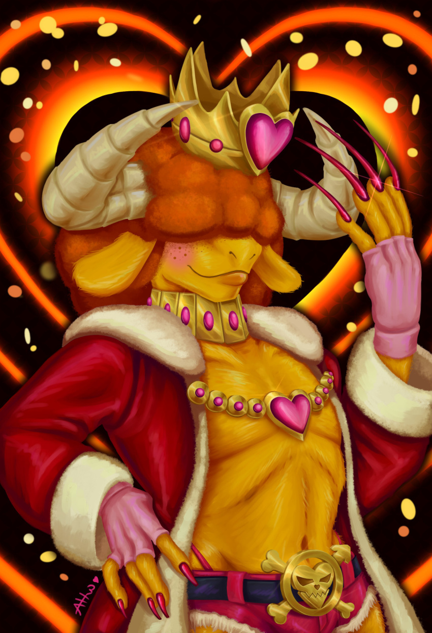 afro anthro asmodeus_(kings_of_hell) belt bottomwear bovid bovine cattle clothing colored_nails crown deckofspadesart demon fur hair hair_over_eyes headgear hi_res horn hotpants kings_of_hell male mammal nails navel robe shorts solo yellow_body yellow_fur