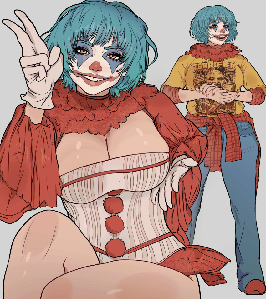 absurdres art_the_clown blue_hair breasts cleavage clothes_around_waist clown denim female gloves grey_background grin highres jeans large_breasts makeup orange_eyes pants print_shirt red_footwear red_nails shirt shirt_around_waist short_hair smile solo terrifier_(movie) thighs v white_gloves yoracrab