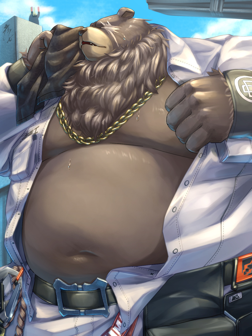 1boy animal_ears bear_boy bear_ears belly belt ben_bigger black_belt brown_fur chain_necklace chains commentary fangs fat furry furry_male highres hiko_7 holding holding_towel jacket jewelry looking_to_the_side male_focus navel necklace open_mouth pants plump scar scar_across_eye sweatdrop symbol-only_commentary tank_top towel utility_belt white_jacket white_pants wiping_sweat zenless_zone_zero